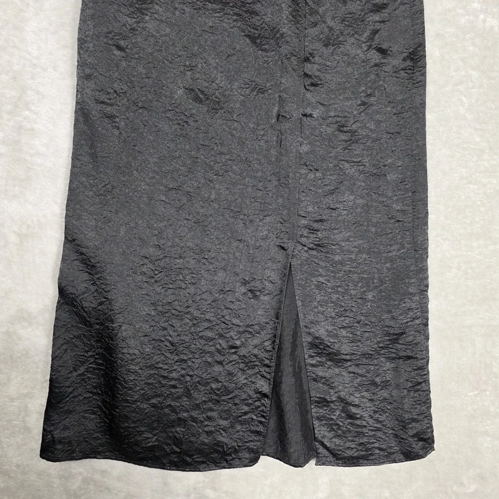 High Waisted Pencil Midi Skirt Textured Crinkle Front Slit Women XL Black GOOD